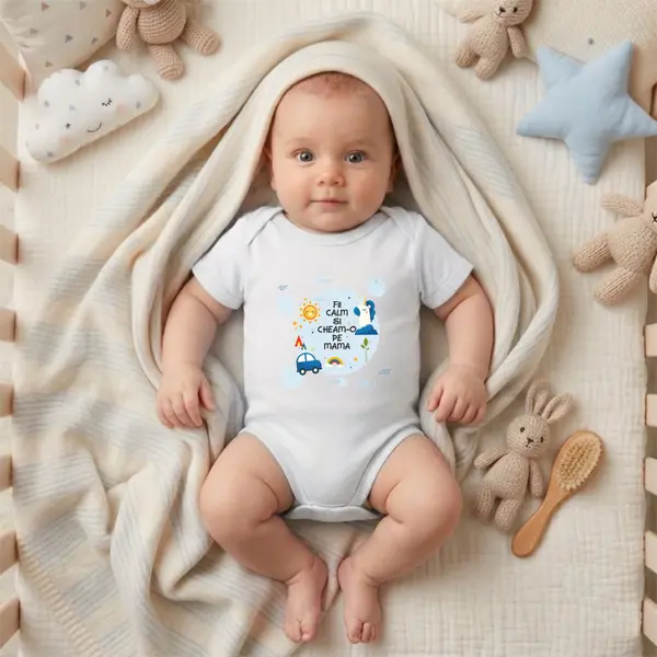 Body Fii calm si cheam-o pe mama - TPC14 Alb Maneca Scurta, 9 Luni (Nr 74)