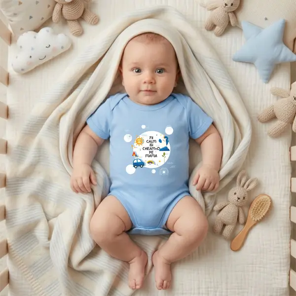 Body Fii calm si cheam-o pe mama - TPC14 Albastru Maneca Scurta, 12 Luni