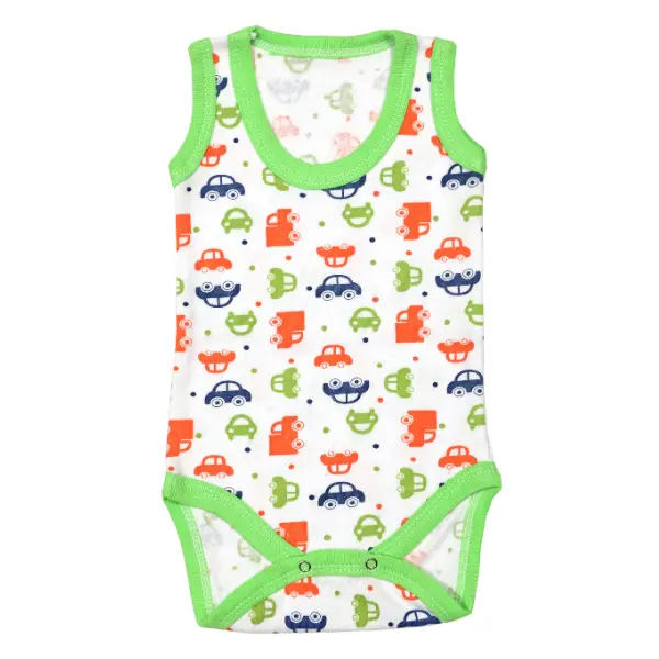 Body maiou/2 capse RB01 alb/imprimeu masinute/verde, Rombaby | 6/9 luni