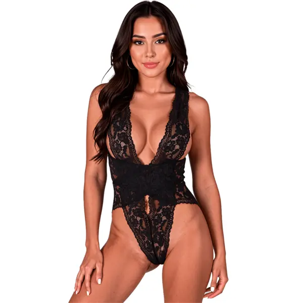 Body PASSION – Velmore, dantelă transparentă cu decolteu adânc, culoare neagră, S/M