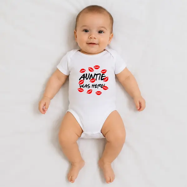 Body personalizat Auntie was here - TPC38 Alb Maneca Scurta, 6 Luni (Nr 68)