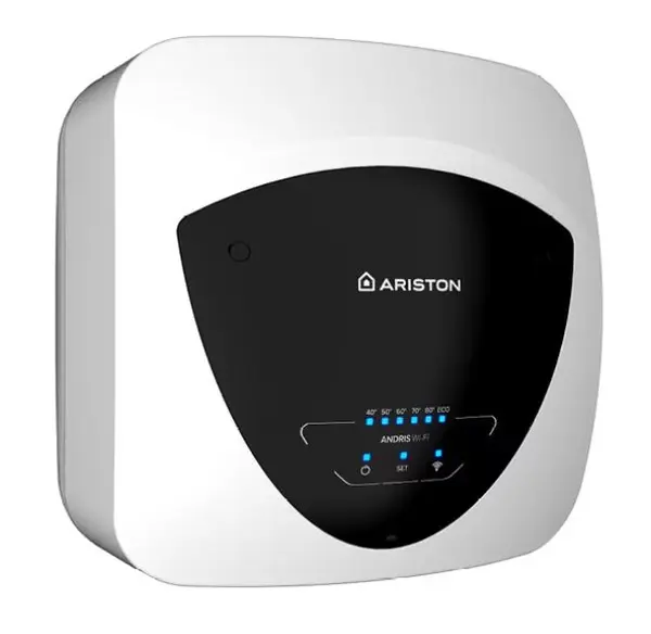 Boiler electric Ariston Andris Elite WiFi 15/5 EU, 15l, 1200W, butoane soft touch, control vocal, clasa energetica A, Montare deasupra chiuvetei, 360x360x346mm, Alb