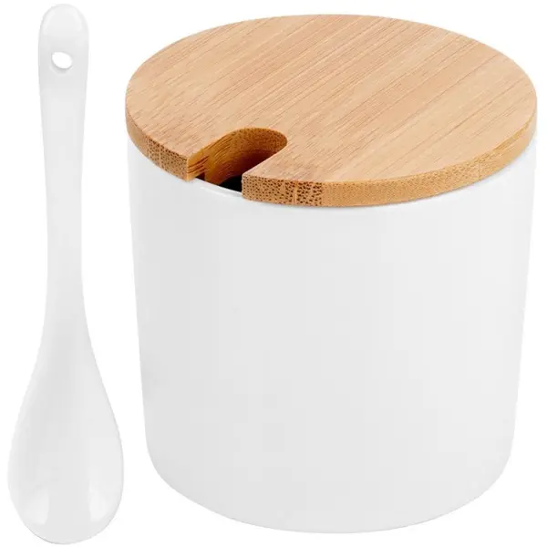 Bol pentru Zahar, Alb, Forma Cilindrica, din Ceramica si Bambus, 250 ml, Vilde