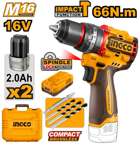 Bormasina cu Impact 16V 66Nm Brushless 2 Viteze 0-500/0-2000 rpm Mandrina Metalica 13mm 30000 bpm 22+1+1 Trepte Cuplu CIDLI166062 cu 2 Acumulatori 2Ah si Incarcator