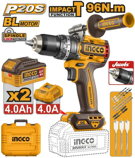Bormasina cu Impact INGCO CIDLI209686E 20V Brushless, Cuplu 96Nm, 2 Acumulatori 4Ah, Mandrina Metalica 13mm si Accesorii Incluse