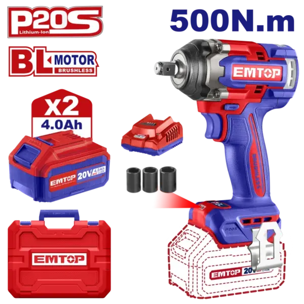 Bormasina de impact si insurubat cu 2 acumulatori 4.0Ah, motor fara perii (brushless), 500 Nm, 1 2 , 3 capete 21, 22, 24mm - ECiWL2050, EMTOP