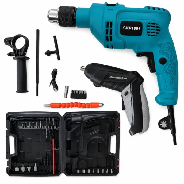 Bormasina electrica + Minifiletanta pe acumulator Altai CMP, 35 accesorii incluse, Geanta de transport