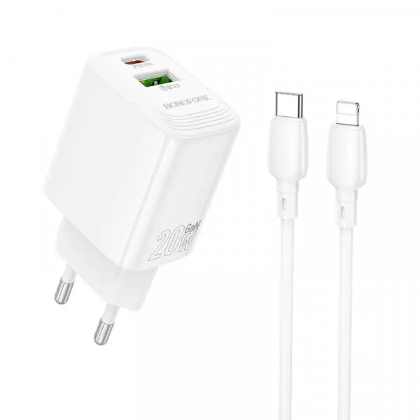 Borofone Incarcator Retea Cu Cablu Lightning Borofone BN27 Fuente, 20W, 3A, 1 x USB-A - 1 x USB-C, Alb