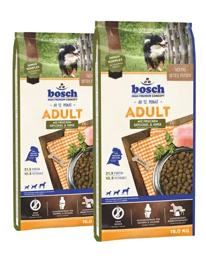 BOSCH Adult Hrana uscata pentru caini adulti, cu pasare si mei 30 kg (2 x 15 kg)