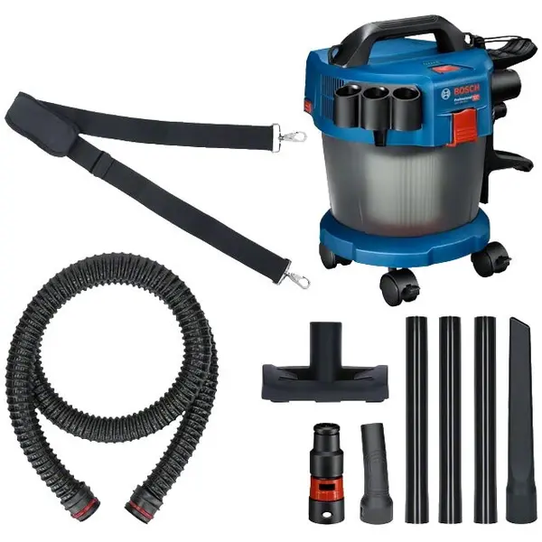 BOSCH Aspirator pe acumulator Bosch Professional GAS 18V-10 L, 18 V, 115 mbari, 6 l volum recipient, curea de umar, 3 buc tub aspiratie, 1 adaptor scula electrica, furtun 1.6 m, duza rosturi, 4 roti, teava cu cot, filtru burduf praf, duza pardoseli, Alba