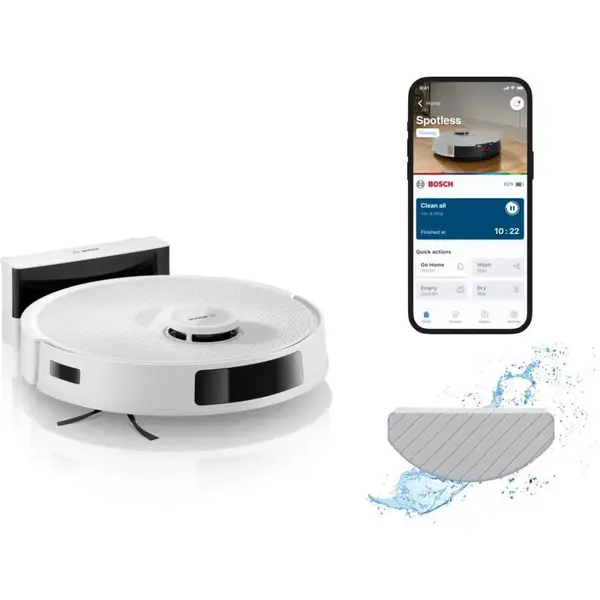 BOSCH Aspirator robot Bosch BCRC1W, aspirare si spalare, statie de incarcare, 11.000 PA, Navigare 360° LiDAR, Functie Reduced Tangling, recipient praf 0.4 L, Home Connect, Alb