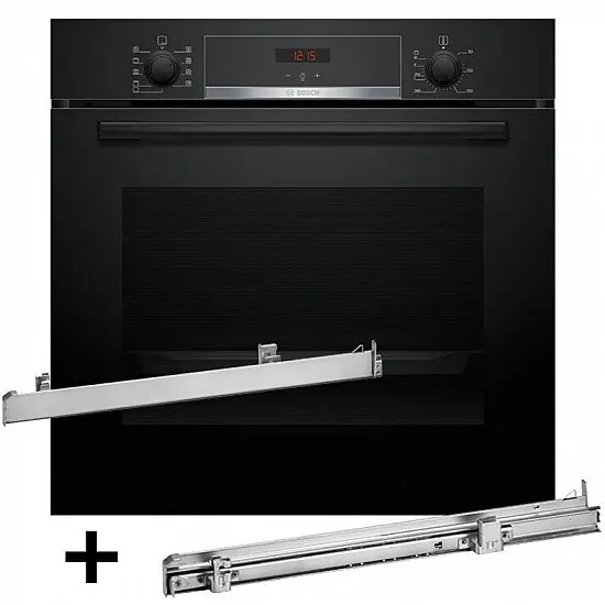 BOSCH Cuptor electric incorporabil Bosch HBA514BB3 + glisiere telescopice cu un singur nivel Bosch HEZ538000, 71 L, 3400 W, Negru