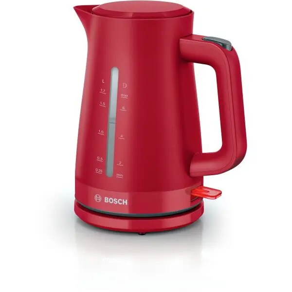 BOSCH Fierbator de apa Bosch TWK3M124, 1.7l, filtru de calcar,oprire automata, protectie impotriva supraincalzirii si functionarii fara apa, oprire in momentul ridicarii canii de pe suport, Rosu