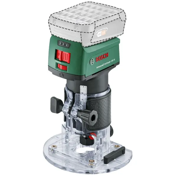 BOSCH Masina de frezat pe acumulator Bosch AdvancedTrimRouter 06039D5000, 18 V, 30.000 RPM, 38 mm cursa maxima, 6/8 mm bucsa elastica, limitator paralel, adaptor aspirare, freza de rotunjit, cheie fixa, fara acumulator/incarcator, Verde-Negru