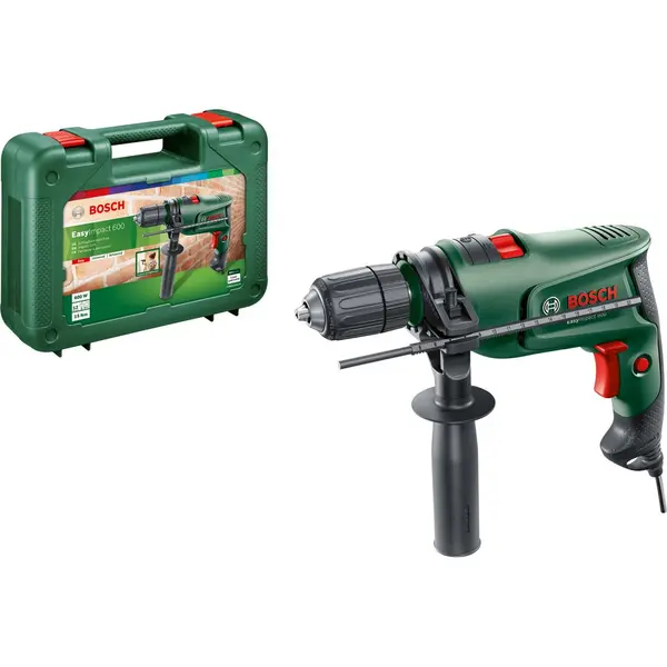 BOSCH Masina de gaurit si insurubat (bormasina) Bosch EasyImpact 600, 600 W, 3000 RPM, 45.000 percutii/min, 15 Nm, 25 mm diametru maxim gaurire, limitator reglare adancime, maner suplimentar, valiza profesionala