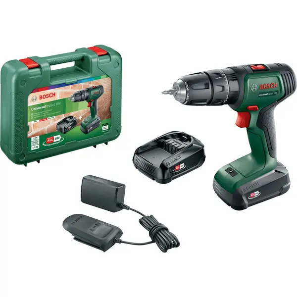 BOSCH Masina de gaurit si insurubat (bormasina) cu percutie pe acumulator Bosch Universal Impact 18, 18 V , 2 trepte de putere, 1450 RPM, 2 acumulatori, incarcator, cap surubelnita dublu, valiza profesionala
