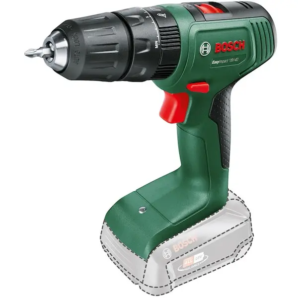 BOSCH Masina de gaurit si insurubat (bormasina) pe acumulator cu percutie Bosch EasyImpact 06039D8100, 18 V, 1630 RPM, 40 Nm, 24.450 percutii/min, 13 mm mandrina rapida, cap surubelnita dublu, fara acumulator/incarcator