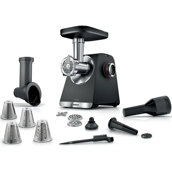 BOSCH Masina de tocat Bosch MFWS640B, 2100W, 3.5kg/ min, 3 site, palnie carnati, accesoriu pt kebbe, 4 accesorii de tocare, cutit cu 2 taisuri, Negru