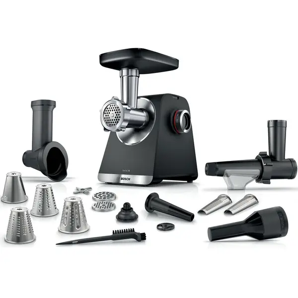 BOSCH Masina de tocat Bosch MFWS660B, 2100W, 3.5kg/ min, 3 site, accesoriu suc de rosii, palnie carnati, accesoriu pt kebbe, cutit cu 2 taisuri, 4 accesorii de tocare, Negru-Agintiu