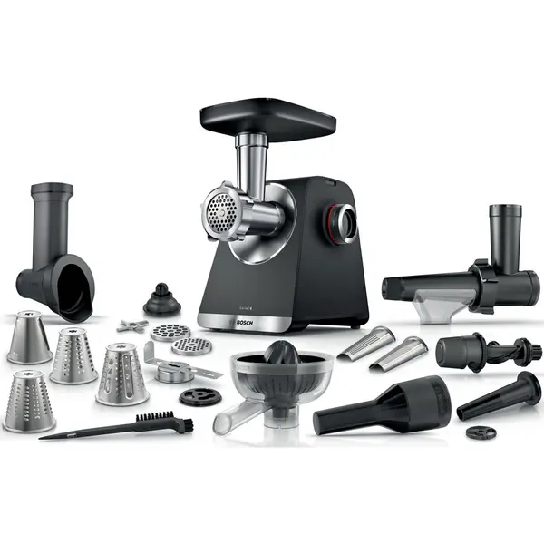 BOSCH Masina de tocat Bosch MFWS682B, 2100W, 3.5kg/ min, 3 site, accesoriu suc de rosii, palnie carnati, accesoriu pt kebbe, cutit cu 2 taisuri, 4 accesorii de tocare, storcator de citrice, accesoriu biscuiti, Negru-Argintiu