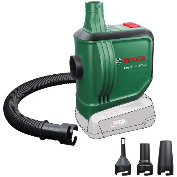 BOSCH Mini compresor pe acumulator Bosch EasyInflate 0603947200, 18 V, 0.03 bari presiune maxima, 1 psi, 3 kPa, 530 l/min volum, 3 duze aer, furtun 50 cm, geanta textil, fara acumulator/incarcator