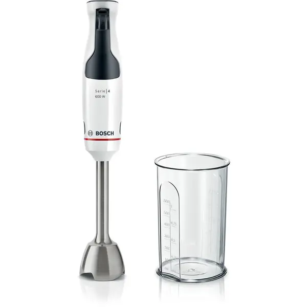 BOSCH Mixer vertical Bosch ErgoMaster MSM4W210, 600 W, cutit 4 lame si functie antisplash, cuplaj ceramic, picior mixare inoxidabil, pahar de masurare, Alb/ negru grey