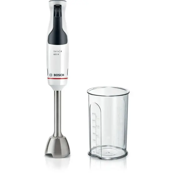 BOSCH Mixer vertical Bosch ErgoMaster MSM4W410, 800 W, cutit 4 lame si functie antisplash, cuplaj ceramic, picior mixare inoxidabil, pahar de masurare, Alb/ antracit