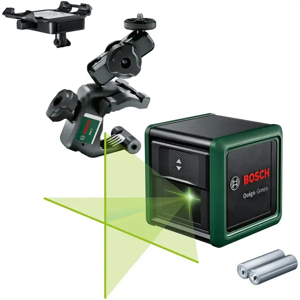 BOSCH Nivela cu laser Bosch Quigo Green 0603663CZ0, 12 m domeniu lucru, 500-540 nm dioda laser, ± 0.6 mm/m precizie, ±4° autonivelare, 85° unghi deschidere, 1/4 filet stativ, 2 baterii 1.5 V LR03 (AAA), sistem de prindere universal MM2, adaptor montare