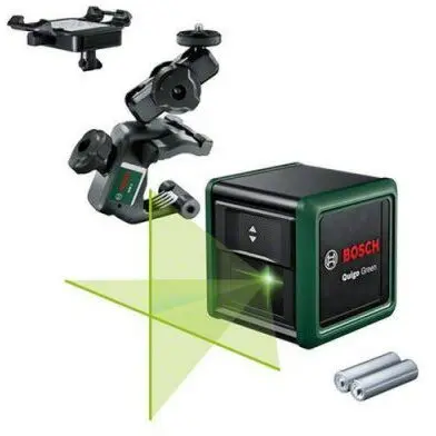 BOSCH Nivela laser cu linii Bosch Quigo Green Gen2, 12 m domeniu lucru, 500-540 nm dioda laser, ±4° autonivelare, 85° unghi deschidere, ± 0.6 mm/m precizie, 1/4 filet stativ, 2 baterii 1.5 V LR03 (AAA), sistem de prindere universal MM2, adaptor montare