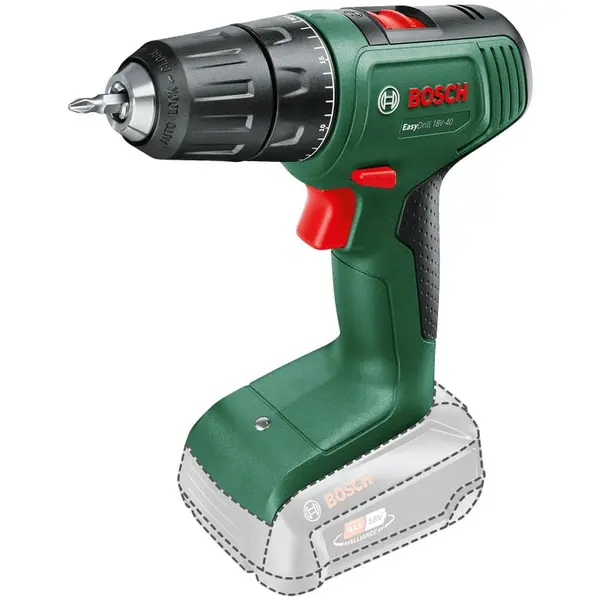 BOSCH Pachet promo: Masina de gaurit si insurubat (bormasina) pe acumulator Bosch EasyDrill 06039D8000, 18 V, 1630 RPM, 40 Nm, 13 mm mandrina rapida, fara acumulator/incarcator + Starter Kit Bosch Alliance 1600A02625, acumualtor 18V, 2.5 Ah, incarcator,