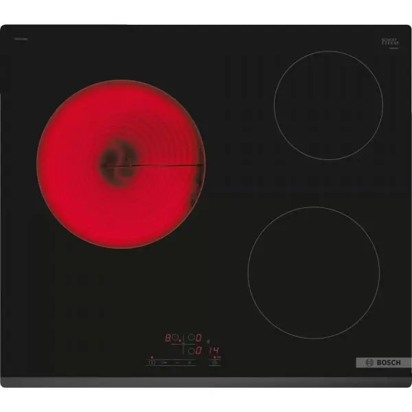 BOSCH Plita incorporabila Bosch PKM631BB2E, Vitroceramica, 3 zone de gatit, TouchSelect, ReStart, Temporizator, HighSpeed, 60 cm, Negru