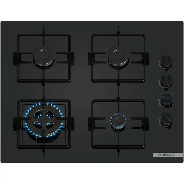 BOSCH Plita incorporabila Bosch POH6B6K30, Gaz, 4 arzatoare, Arzator Wok, Gratar otel, 60 cm, Sticla neagra