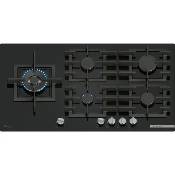 BOSCH Plita incorporabila Bosch PPM9A6I40, gaz, 5 arzatoare, Flame select, Arzator Wok, Gratar fonta, 90 cm, Sticla neagra