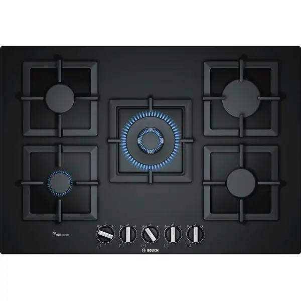 BOSCH Plita incorporabila Bosch PPQ7A6B20, gas, 5 arzatoare, Arzator WOK, Gratare fonta, 75 cm, Sticla neagra