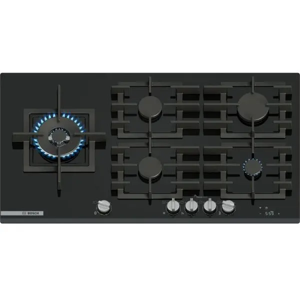 BOSCH Plita incorporabila Bosch PRS9A6H40, gaz, 5 arzatoare, Flame select, Arzator Wok, Touch control & mecanic, Gratar fonta, 90 cm, Sticla neagra