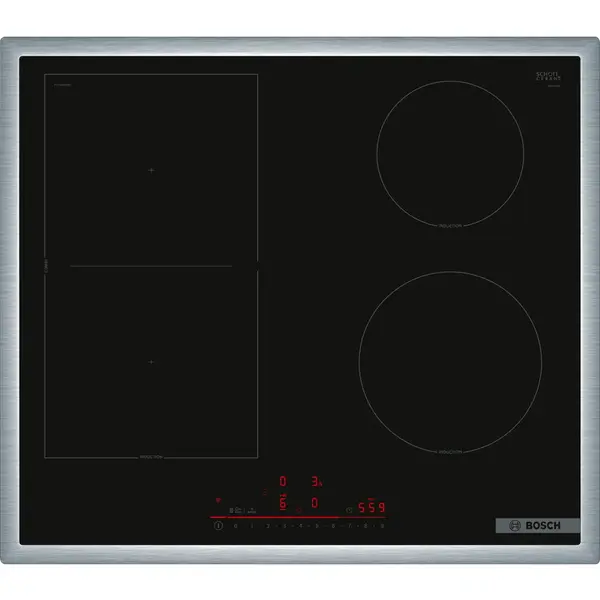 BOSCH Plita inductie vitroceramica incorporabila Bosch PVS64RHB1E Series 6, 60 cm, 4 zone gatit, Negru-Otel inoxidabil