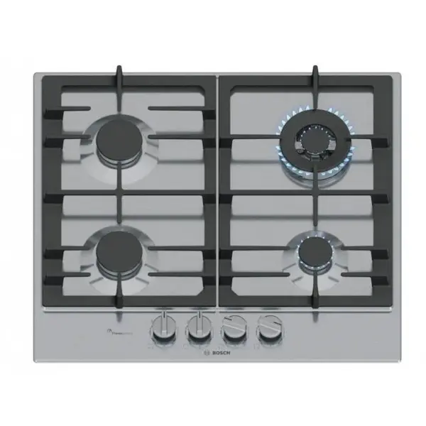 BOSCH Plita pe Gaz Bosch Serie 6 PCH6A5I90, 582 mm, 4 Arzatoare, FlameSelect, Gratare Fonta, Otel Inoxidabil, Siguranta Gaz, Argintiu