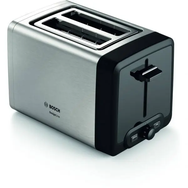 BOSCH Prajitor de paine compact BOSCH DesignLine TAT4P420, 820~970W (6 trepte), 2 fante, Dezghetare, Incalzire, High Lift, Gratar integrat pliabil, Buton STOP, Centrare automata, Stainless Steel Silver