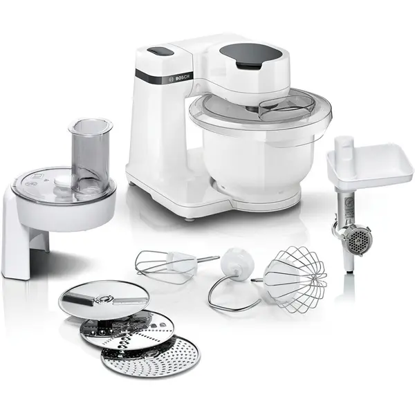 BOSCH Robot de bucatarie Bosch MUMS2AW21, 700 W, masina de tocat, feliator, accesorii razuire, 4 viteze, bol 3.8 l, Mixare planetara 3D, Alb