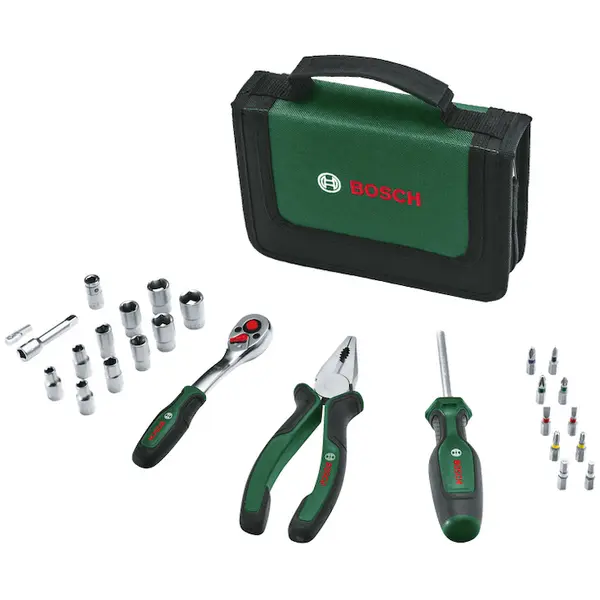 BOSCH Set 26 scule de mana Bosch Mobility 1600A02BY2, cleste patent, surubelnita cu clichet, surubelnita universala, biti, adaptori biti, racorduri