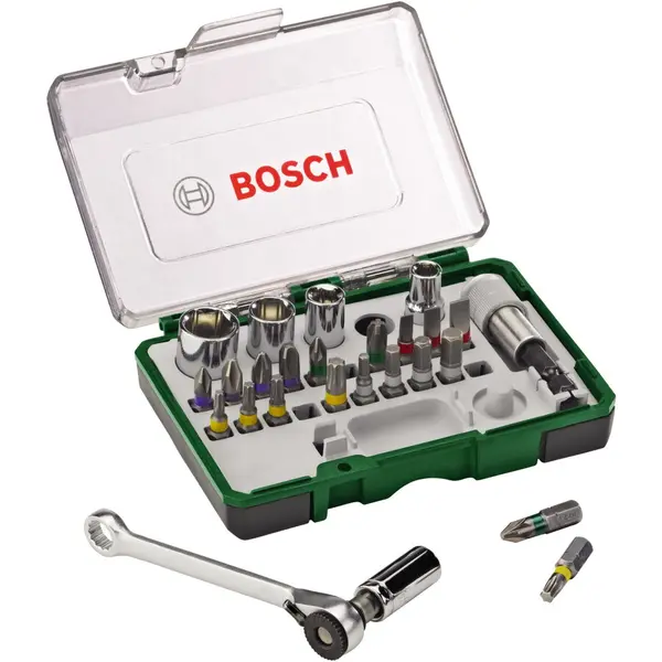 BOSCH Set 27 accesorii Bosch, surubelnita cu clichet, biti, chei tubulare, Multicolor