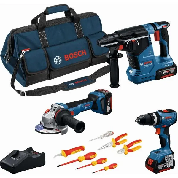 BOSCH Set combi BOSCH 0615A5007H, GSB 18V-65, 1x GWS 18V-11, 1x GBH 18V-24 C, 3x GBA 5.0Ah, 1x GAL, surubelnite si clesti VDE