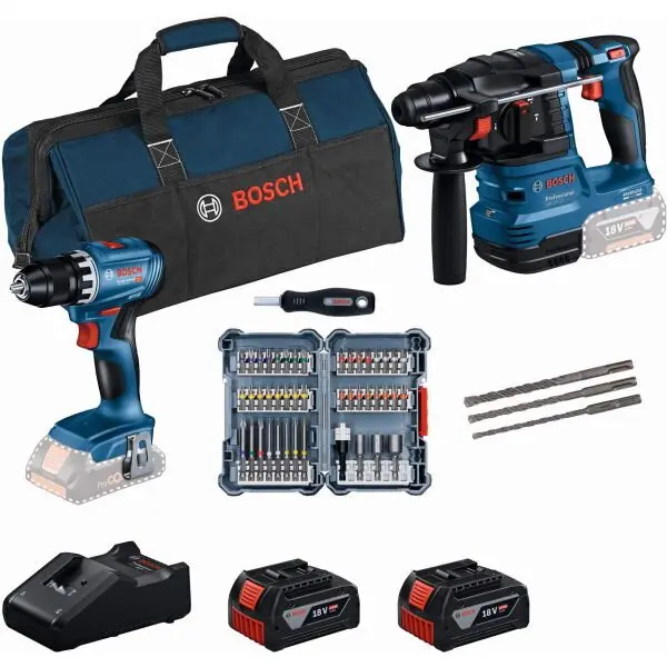 BOSCH Set combo BOSCH PRO 0615V0003D, 1x GSR 18V-45, 1x GBH 18V-22, 1 set de 45 de capete de surubelnita, 1 set de 3 burghie pentru ciocan rotopercutor SDS plus-5, 2x GBA 18V 4.0Ah, 1xGAL 18