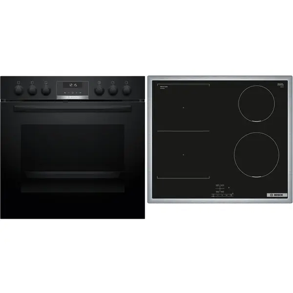 BOSCH Setul Bosch HND616LS63 este format din aragazul incorporabil HEG517BB4, 71 l, 10 programe automate pentru gatit, si plita cu inductie NVS645CB6E, 4 zone de gatit, 17 niveluri de putere