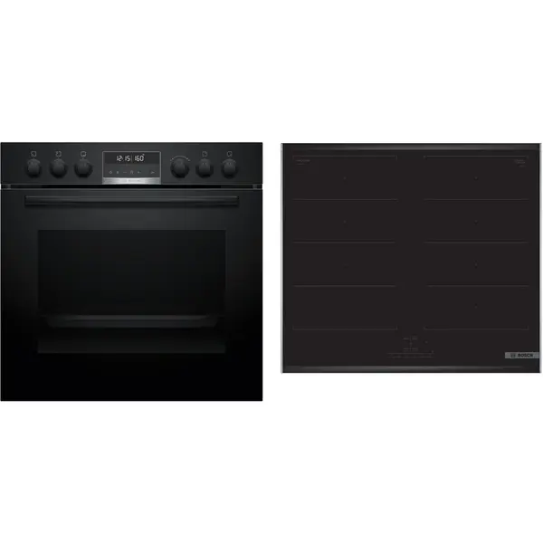 BOSCH Setul Bosch HND677LS62 cuprinde aragazul incorporabil HEG578BB4, 71 L, 30 programe gatit si plita electrica NVQ645CB6E, 4 zone de gatit cu inductie, 17 niveluri de putere, Touch control pe plita, Negru