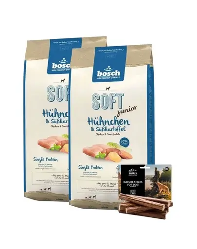 BOSCH Soft Junior Hrana uscata cu pui si cartofi dulci pentru cainii junior 2 x 12,5 kg + recompense sticks 7 buc