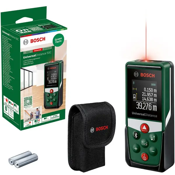 BOSCH Telemetru Bosch UniversalDistance 50C 06036723Z0, masurarea precisa cu laser a distantelor de pana la 50 m, conectivitate bluetooth, masurare lungimi, suprafete si volume
