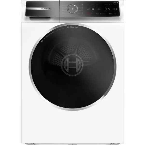 BOSCH Uscator cu pompa de caldura BOSCH Serie 8 WRB247CNBY, 9kg, 850W, Clasa A, Self Cleaning Condenser si tehnologia Air Max Dry economiseste energie si reduce cutele datorita functiei Iron Assist, Alb