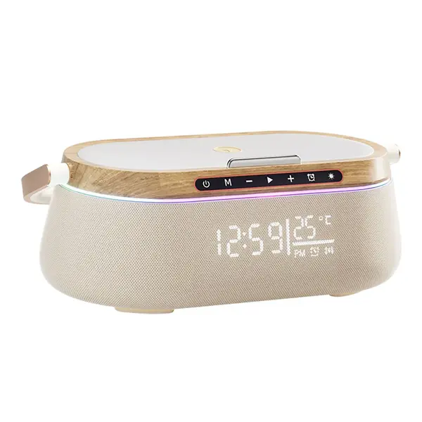 Boxa Bluetooth iHunt Bedside 9 in 1, Crem, Bluetooth 5.4, Incarcare Wireless 15W, Ceas, Alarma, Lampa LED RGB, Difuzoare 10W, Baterie 1800mAh