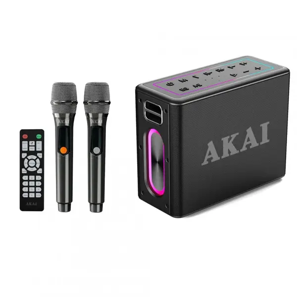 Boxa portabila Akai cu 2 microfoane 80W Boxa portabila Akai cu 2 microfoane 80W